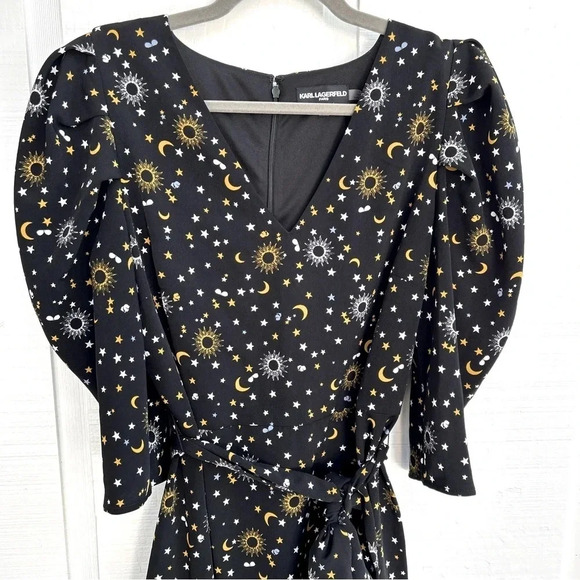KARL LAGERFELD Paris Celestial Sun/Moon/Stars V-Neck Tie Waist Fit & Flare Dress - Picture 3 of 9